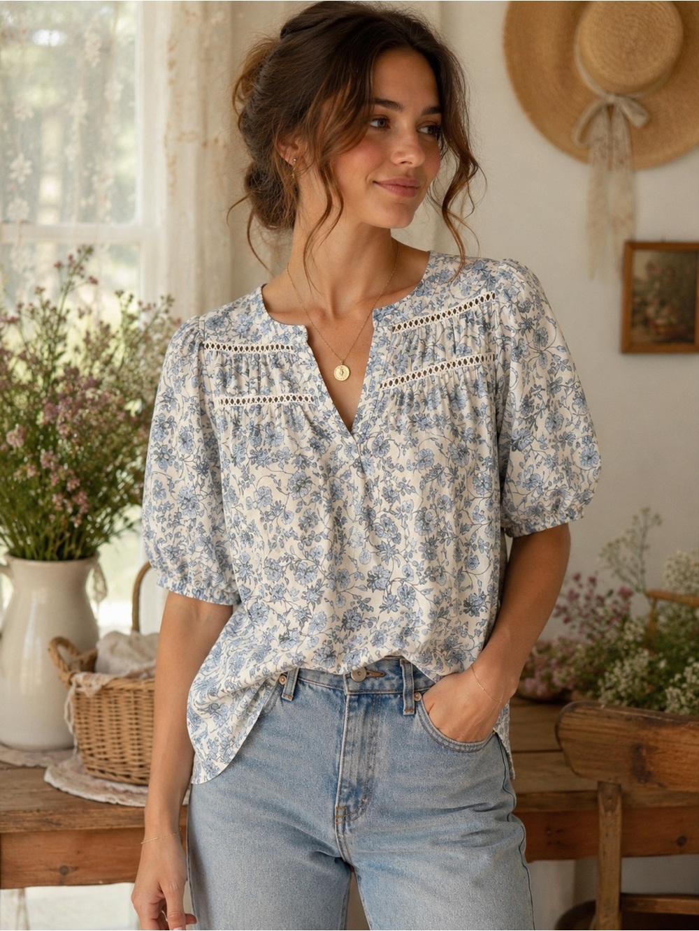 Beacon Apparel Blue Floral Peasant Blouse Medium Cottagecore Boho Lace Trim